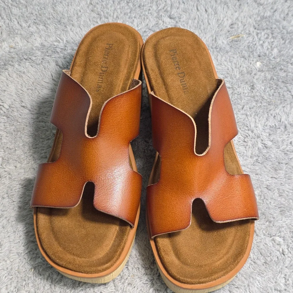 Pierre Dumas Platform‎ Slide Sandals Heeled Cognac Brown Womens 9 NEW